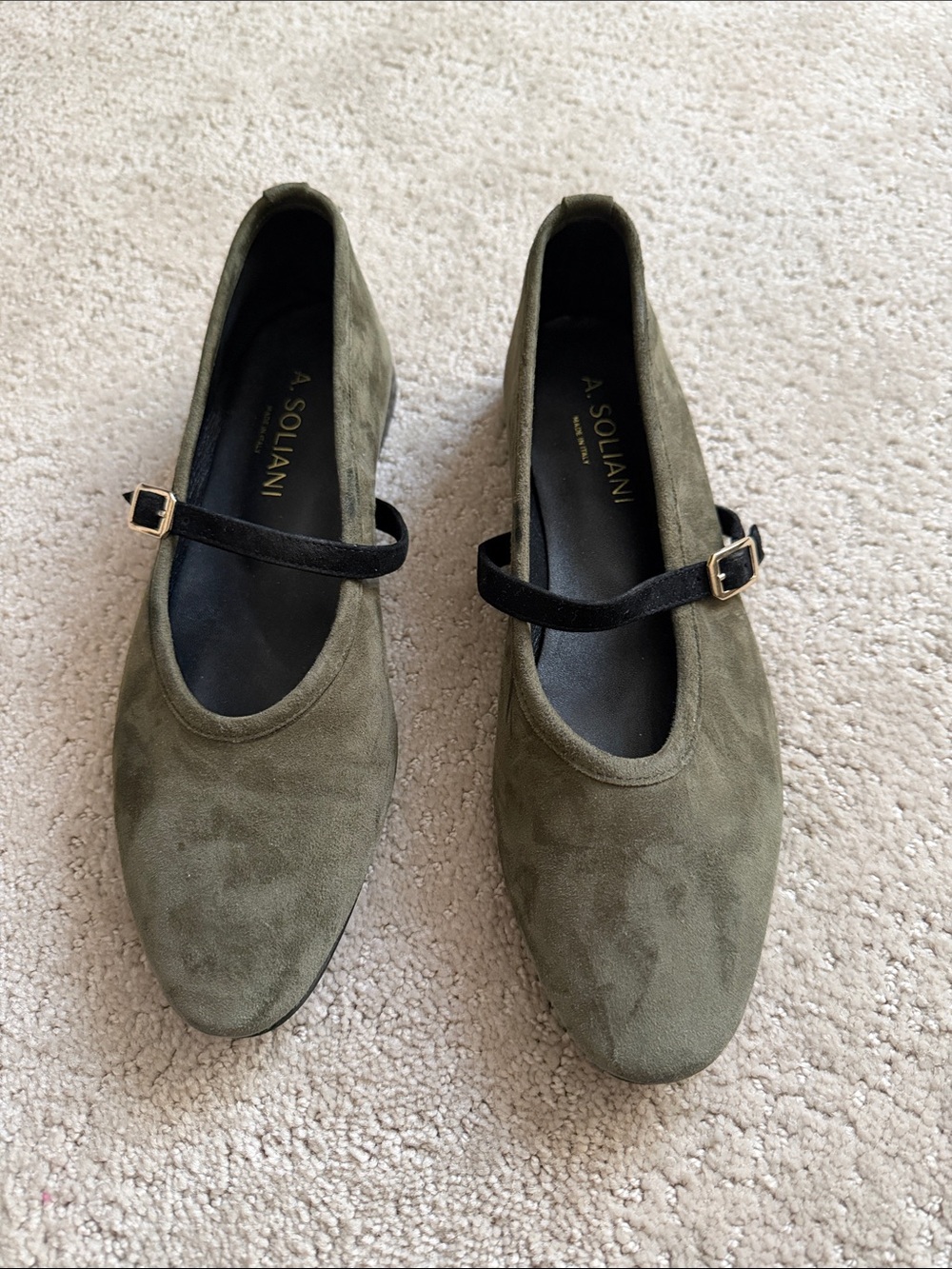 A. Soliani Suede Mary Jane Flats with Black Strap